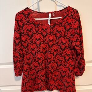 NY Collection Sz. PL Red and Black Women's Top Semi-Sheer 3/4 Sleeve